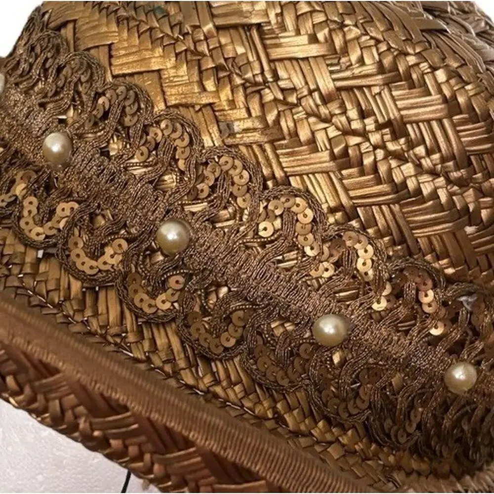 Eric Javits Hat Gold Bronze Straw Boat Beach Statement Spring Pearl Accent - Picture 6 of 9